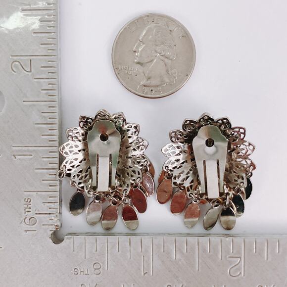 Vintage Mid Century Silver Tone Filigree Dangle Charm Tassel Clip On Earrings - Picture 10 of 12